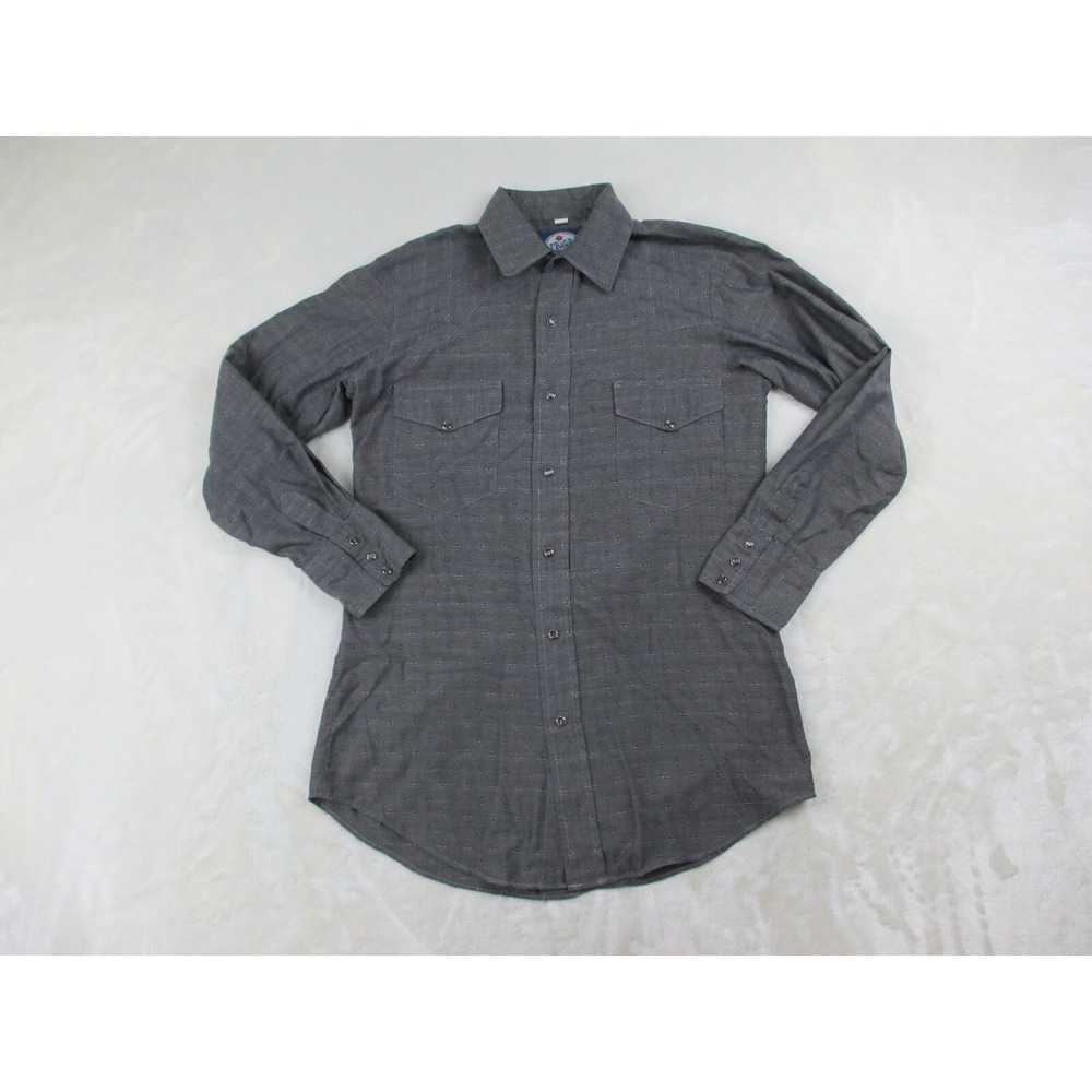 Prior Shirt Mens Small 14 1/2-33 Gray Stars Pearl‎ Snap Western Long Sleeve USA*